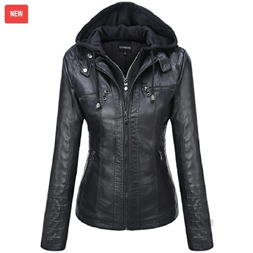 Women's Faux Leather Moto Jacket with Hood, Slim Fit, Detachable Hood - Picture 2 of 8